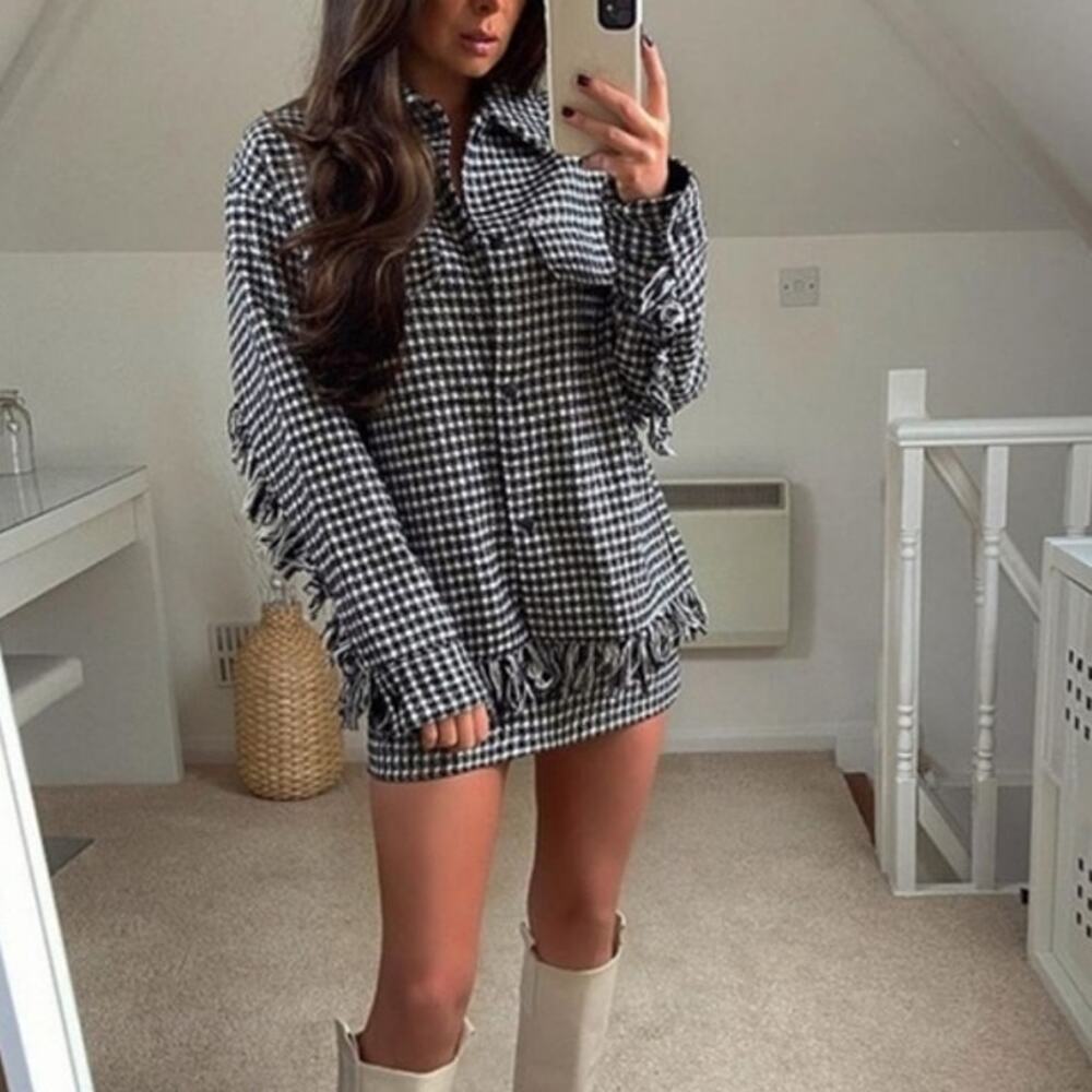 Zara Houndstooth Fringed Overshirt Barn Jacket Oversized Tweed Shacket 4391/737 - Picture 3 of 15